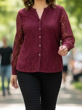 Cable & Gauge Lace Blouse XXL Dark Red Button Front NWT